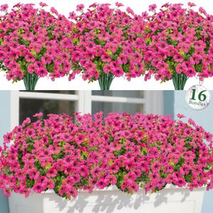 Bassion Artificial Flowers for Outdoors, 16 Bundles UV Resistant Fake Flowers Realistic Silk Faux Plants for Outdoor Planter Window Box Porch Patio Garden Home Outside Decorations