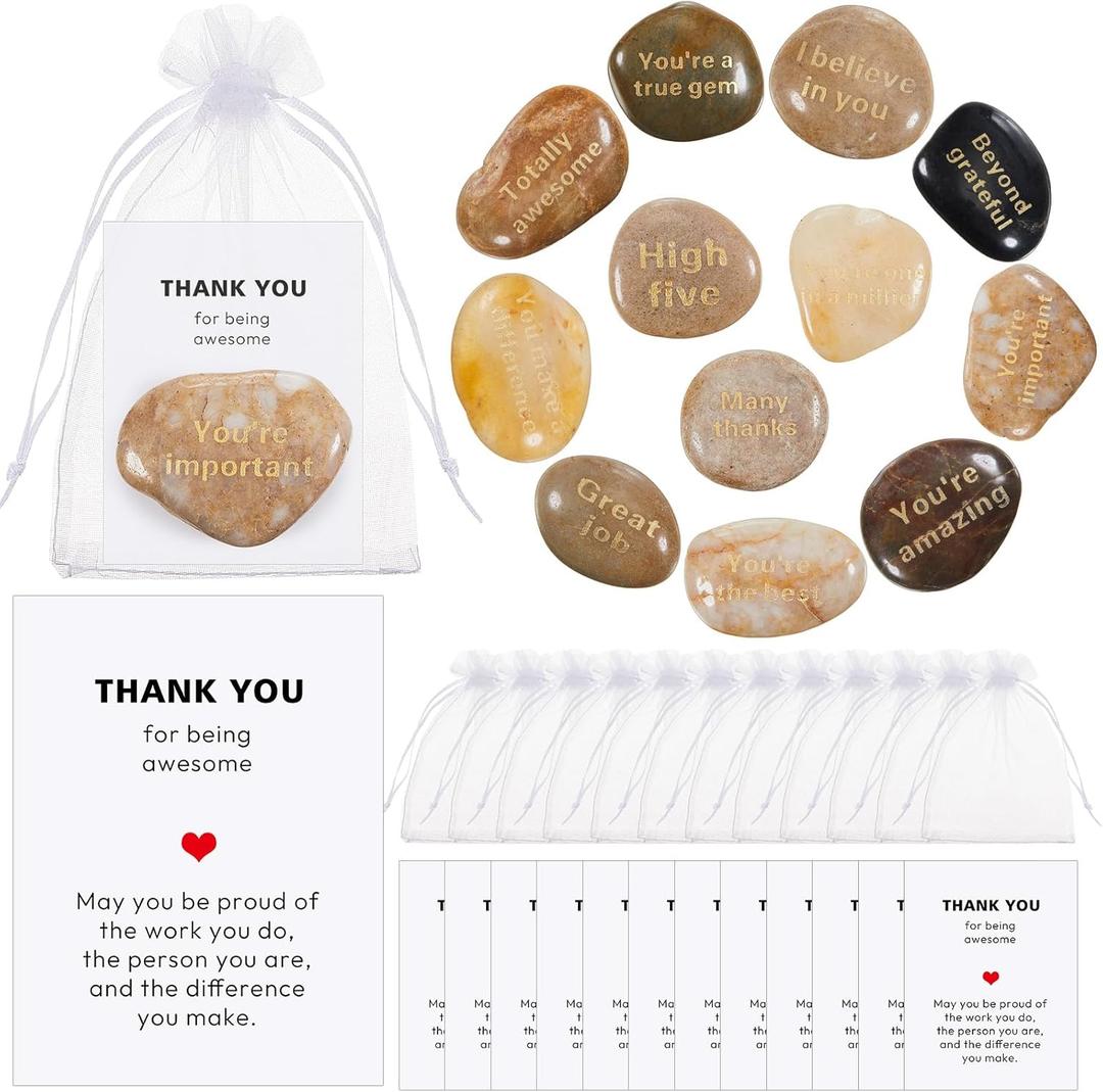 Nuanchu 12 Sets engraved Inspirational Stones Employee Appreciation Gift You Are Awesome Stone with thank you Card and Organza Bag Encourage Gifts for Family Coworker Staff