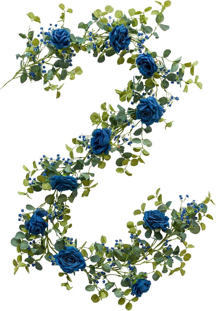 Anna's Whimsy 5.91FT Artificial Eucalyptus Greenery with Flowers, Fake Rose Gypsophila for Wedding Spring Home Party Decor (Blue, 1)