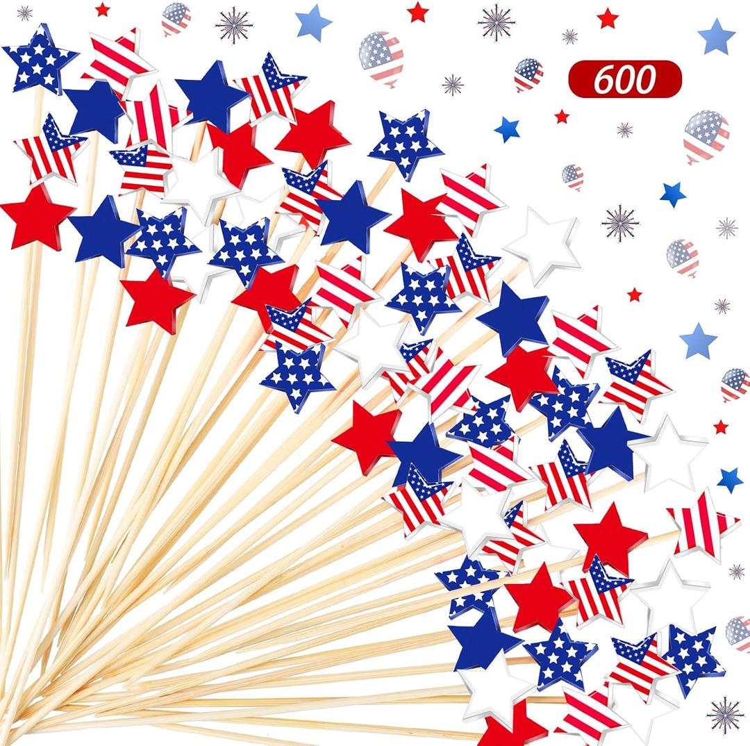 Pickmesh 600 Pcs Patriotic Star Cocktail Picks 4.7 Inch 250th Independence Day Bamboo Toothpicks 4th of July Cocktail Skewers for Drinks USA Flag Memorial Day Party Decor for Appetizers Fruit Drinks