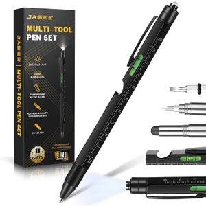 Christmas Stocking Stuffers Gifts for Men, White Elephant Gifts for Adults Dad Boyfriend Him Husband, 9 in 1 Multitool Tool Pen Set, Screwdriver, LED Light, Stylus, Bottle Opener, Ruler, Level(Black)