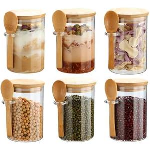 Recceng 5 Pack Glass Jars with Bamboo Lids and Spoons for Loose Leaf Tea Storage, 17 OZ Glass Overnight Oat Container with Lid and Scoop, Glass Canister Set as Tea Container for Loose Leaf Tea Holder