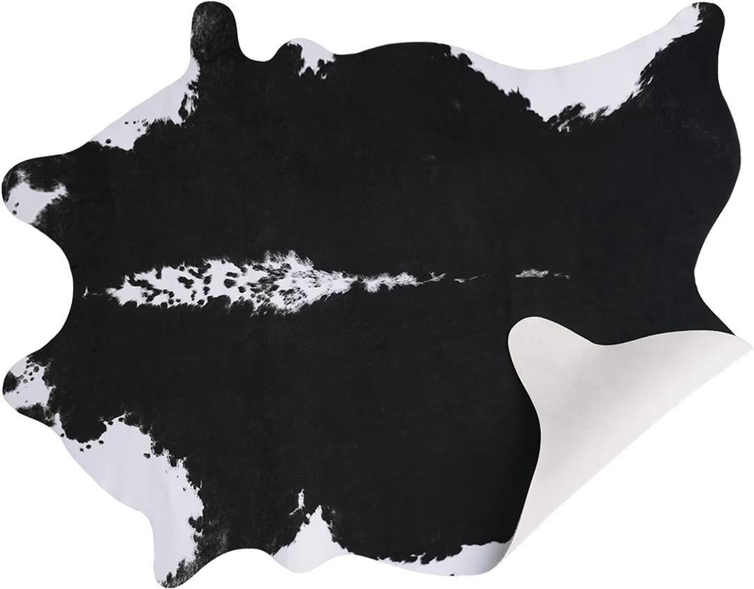 AROGAN Premium Faux Cowhide Rug 158 x 140 cm/5.2 x 4.6 feet, Durable and Large Size Cow Print Rugs, Suitable for Bedroom Living Room Western Decor, Faux Fur Animal Cow Hide Carpet, Black