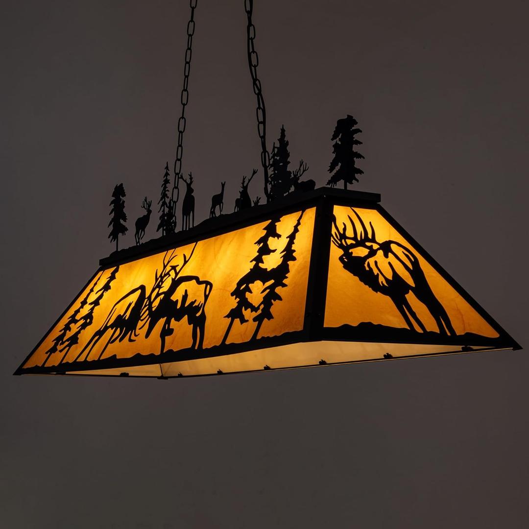 Wellmet Pool Table Light, 60 inch Billiard Lights for over 7ft 8ft 9ft Pool Table, Snooker Table, Cabin, Game Room, Rustic Deer Elk Chandelier Farmhouse Kitchen Light, Tiffany Pool Table Light Fixture