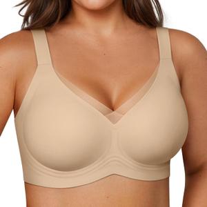 Vertvie Wireless Bras Women Seamless Jelly Supportive Mesh Crossover Bra No Underwire Push Up Full Coverage T-Shirt Bralette (Beige, M)