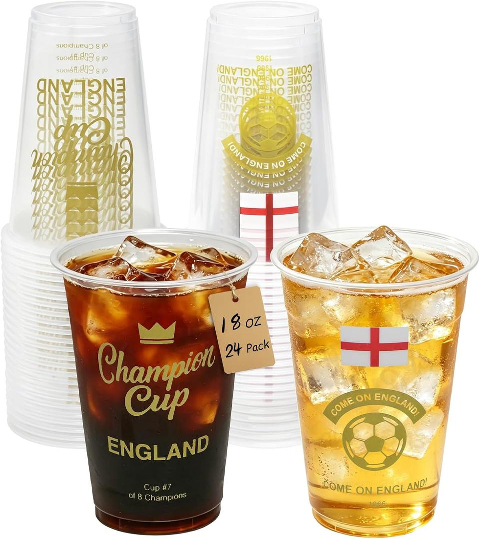 18 oz Champion Cup Salute To England, 1966 World Soccer Champion, 24-Count Disposable Plastic Party Cups, National Flag Themed for Fan Event Decorations Game-Day Festival, COME ON ENGLAND