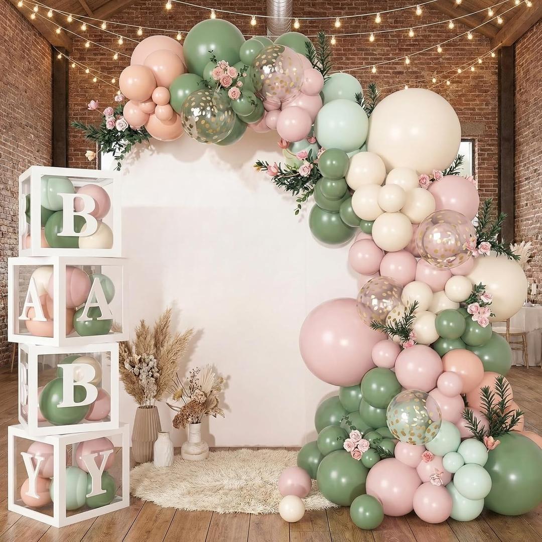 153Pcs Pastel Balloon Arch Kit, Baby Shower Decorations for Girl​ with Letters, for Gender Reveal​ and Birthday Parties (Pink and Sage Green)