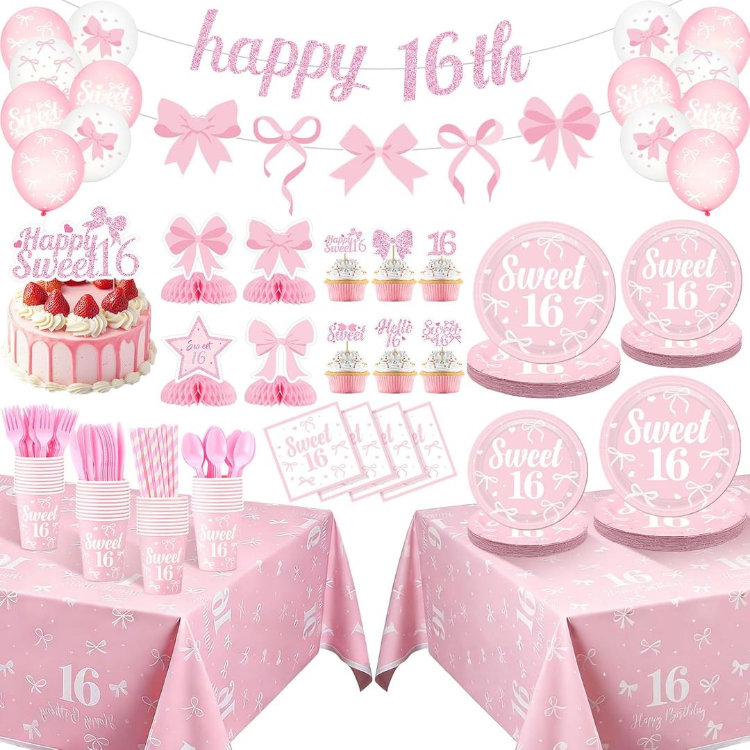 Moukeren 244 Pcs Sweet 16 Birthday Party Supplies Coquette Pink Bow 16th Birthday Decoration Include Bow Plates Napkins Cups Banner Tablecloth Cake Topper Balloons Theme Tableware for 16th Girls