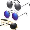 Frienda 3 Pcs Round Flip up Sunglasses Retro Steampunk Style Sunglasses Bulk 90's Circle Dwayne Wayne Glasses for Men Women