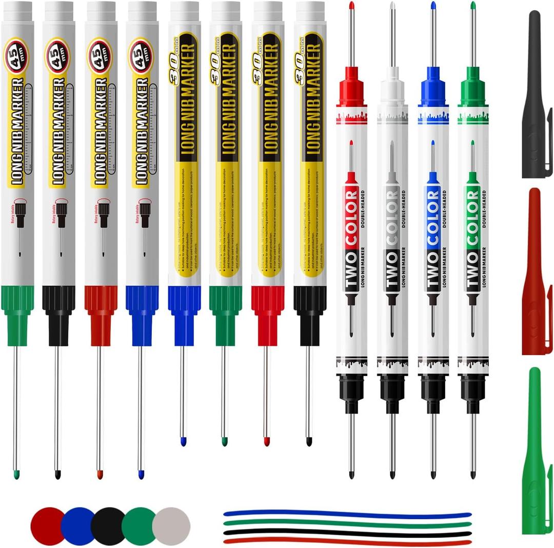 12 Pcs Multi-Purpose Long Head Deep Hole Marker Pens, Long Nib Marker For Metal, Quick Dry Waterproof Colorful Carpenter Pen Markers For Construction Bathroom Woodworking, 5 Color Set (Double-Headed)