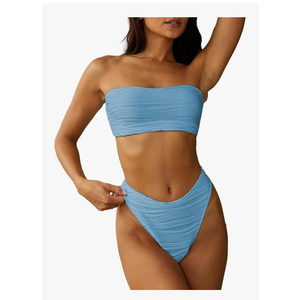 ZAFUL Women Strapless Textured Bandeau Bikini 2 Piece Swimwear Cheeky Solid Lace up Bathing Suits, Size:Large