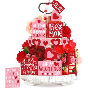 Pickmesh 21 Pcs Valentine Tiered Tray Decor Set Valentine Table Decorations Conversation Heart Wooden Decoration Farmhouse Valentines Day Decorations Heart Wooden Signs for Home(Pretty)