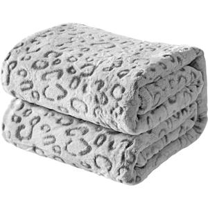 FY FIBER HOUSE Flannel Fleece Throw Microfiber Blanket with 3D Leopard Print,50"X60",Grey