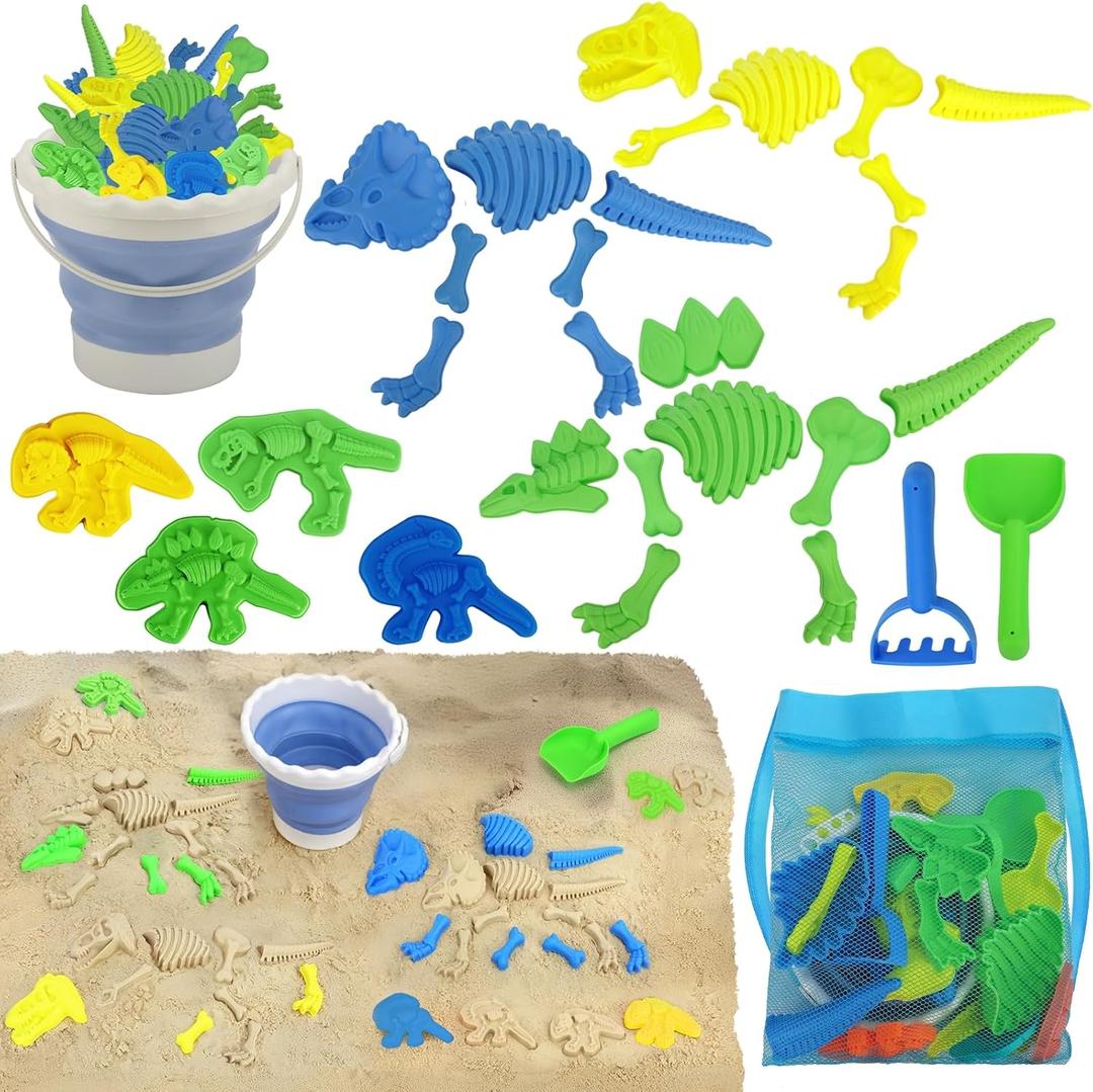 TOY Life 30 Pcs Dinosaur Fossil Beach Toys for Kids Ages 4-8 Collapsible Sand Toys with Dinosaur Toys Silicone Bucket Shovels & Dino Digging Building Kit Molds, Sandbox Toy for Summer, Travel