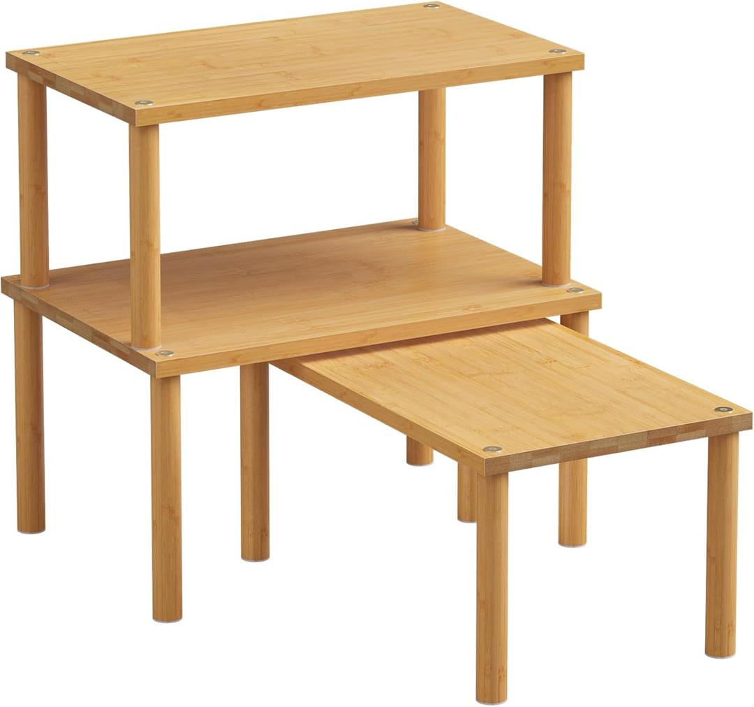 Danfoxer Cabinet Organizer Shelf(Set of 3), Bamboo Kitchen Counter Shelves for Countertop and Cabinet, Stackable Shelf Spice Racks, Medium(Natural)