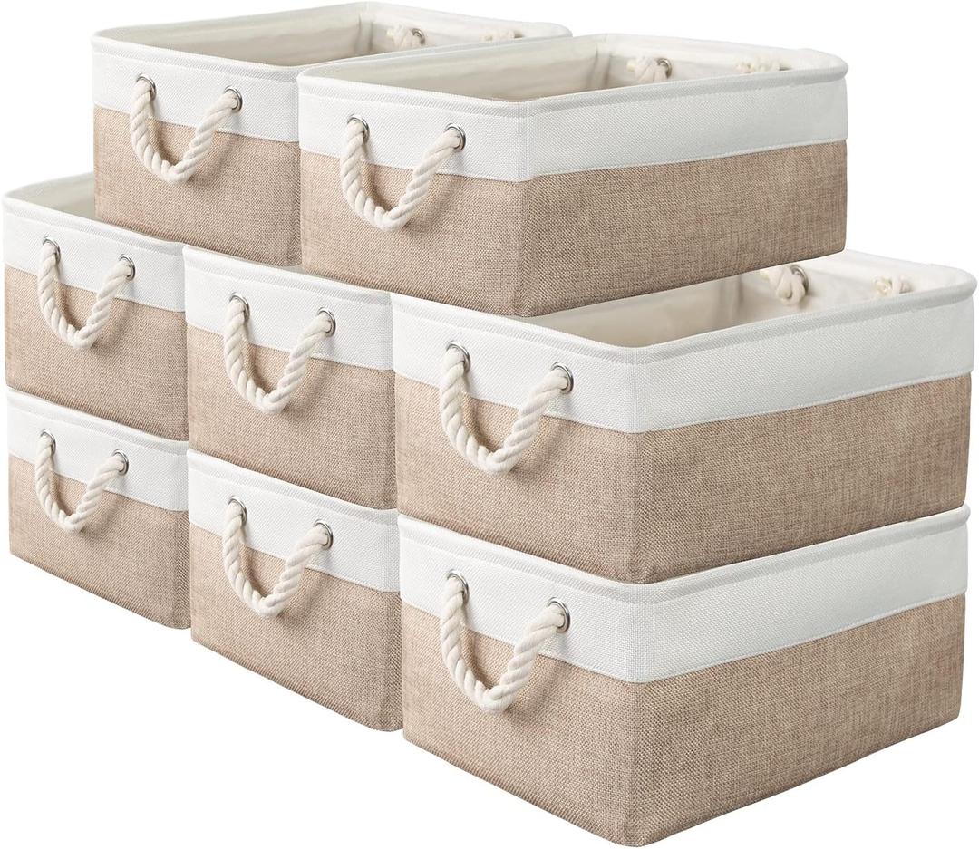 8 Pack Storage Basket Bins - Decorative Baskets Bulk Storage Box Cubes Containers with Handles for Clothes Storage Bathroom, Garage, Books, Home, Office, 13.7L x 9.8W x 6.7H (White&Beige)