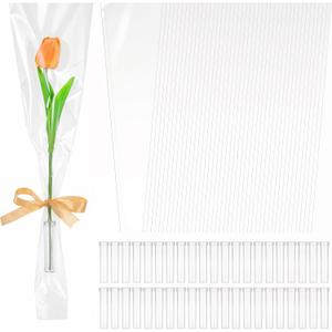 mekueeex 100 Pcs Single Rose Sleeve with 100 Pcs Floral Water Tubes for Bouquets, Single Flower Sleeve Flower Wrapping Bags Flower Water Tubes for Mother's Day Graduation Party(Transparent)