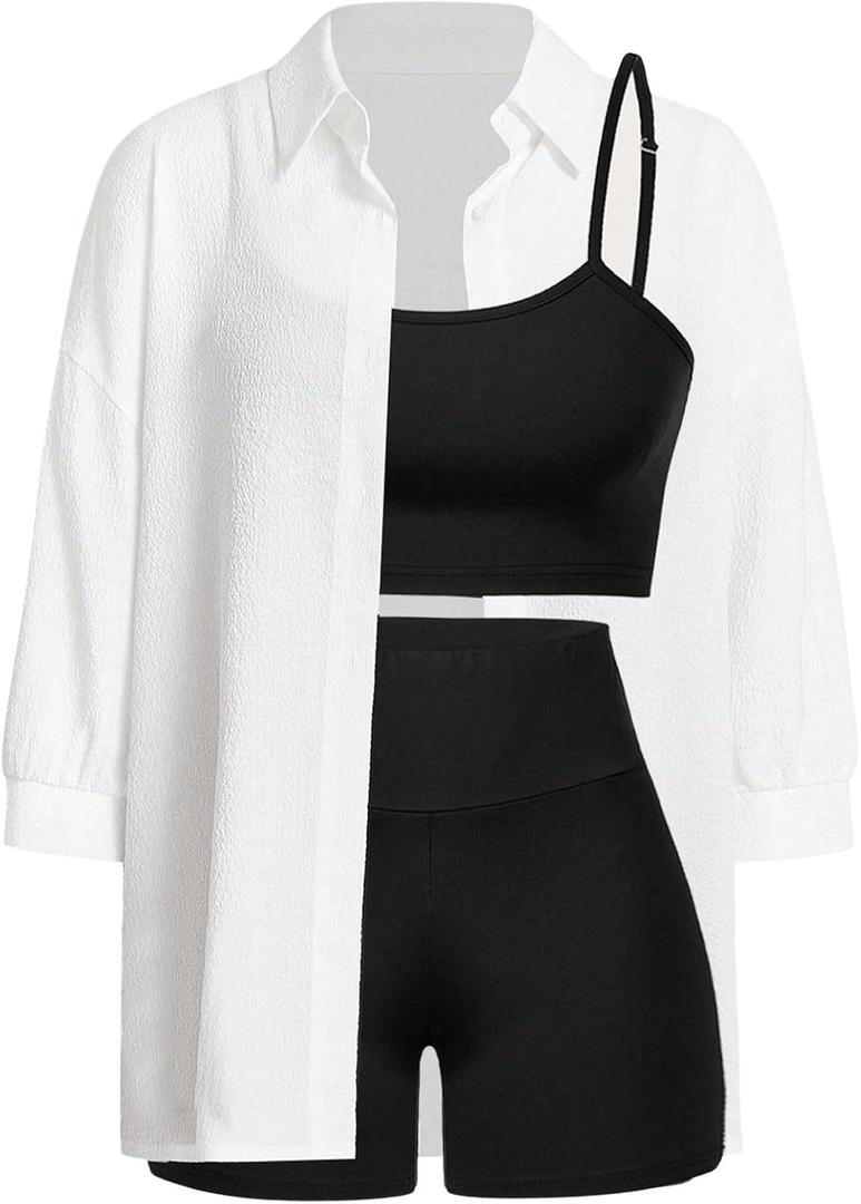 Floerns Women's 2 Piece Outfit Active Biker Shorts Camisole with Long Sleeve Shirts Set Black and White Small