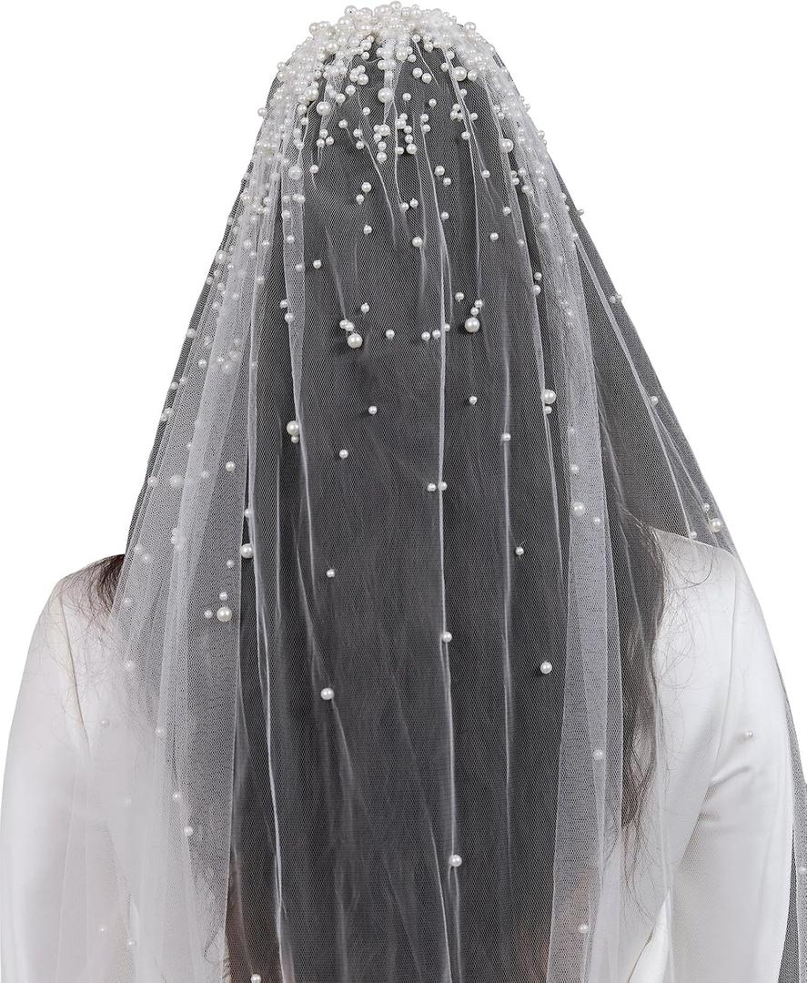 Pearl Veils Fingertip Length Wedding Bridal Veil with Comb Hair Accessory