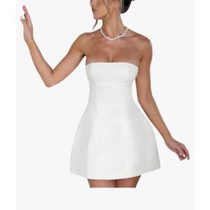 Womens Sexy Strapless Tube A-line Mini Dress Club Party Short Corset Cocktail Bodycon Prom Dresses for Women (White,Medium)