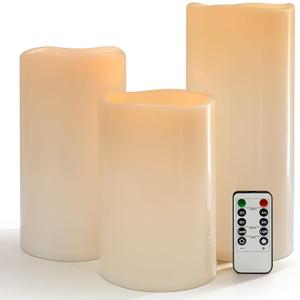 8" 10" 12" x 5" Extra Large Waterproof Outdoor Flameless Candles Battery Operated LED Pillar Candles for Indoor Outdoor Lanterns, Off White, Long Lasting, Set of 3
