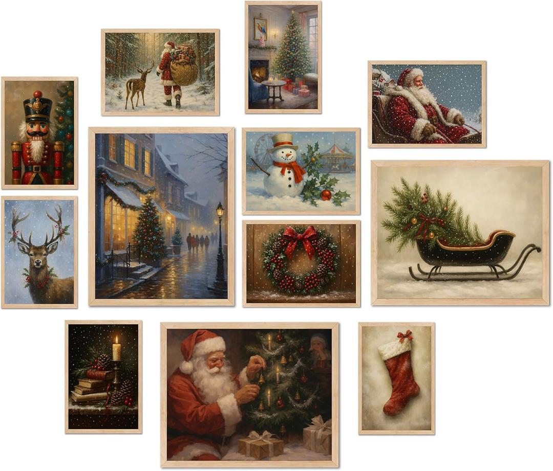 Christmas Wall Art Set of 12, Holiday Posters with Santa Claus, Snowman, Reindeer, Nutcracker, Christmas Tree, Vintage Christmas Decorations for Home Living Room Bedroom (Christmas Poster Set)