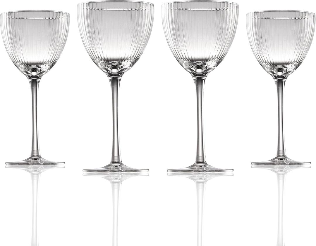 Premium Ribbed Nick&Nora Cocktail Glass Set, Lead-Free Crystal, 4 Pack for Home Bar,Modern Stemware for Entertaining (Stripes Texture Design)