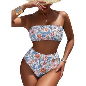Pink Queen Women's High Waist Bikini Set Removable Strap Bandeau Two Piece Swimsuit Bathing Suit (X-Large, Floral Blue)