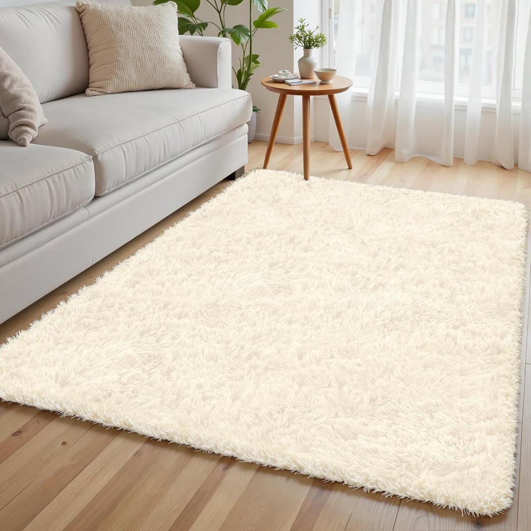 4x6 Cream White Fluffy Fuzzy Shag Area Rug for Living Room, Bedroom, Dorm