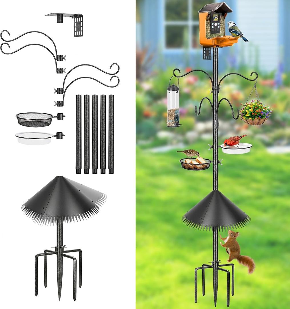 Bird Feeder Pole, 92 Inch Squirrel-Proof Bird Feeder Stand with 4 Shepherd Hooks, Water Bowl and Mesh Tray, Adjustable Birdhouse Pole, Perfect for Outdoor Garden & Yard