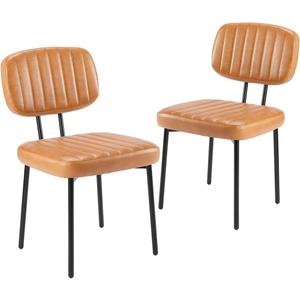Dining Chairs Set of 2, Mid Century Modern Upholstered Kitchen Chair with PU Leather Cushion Seat & Metal Legs for Home/Living Room/Bedroom/Office-Brown