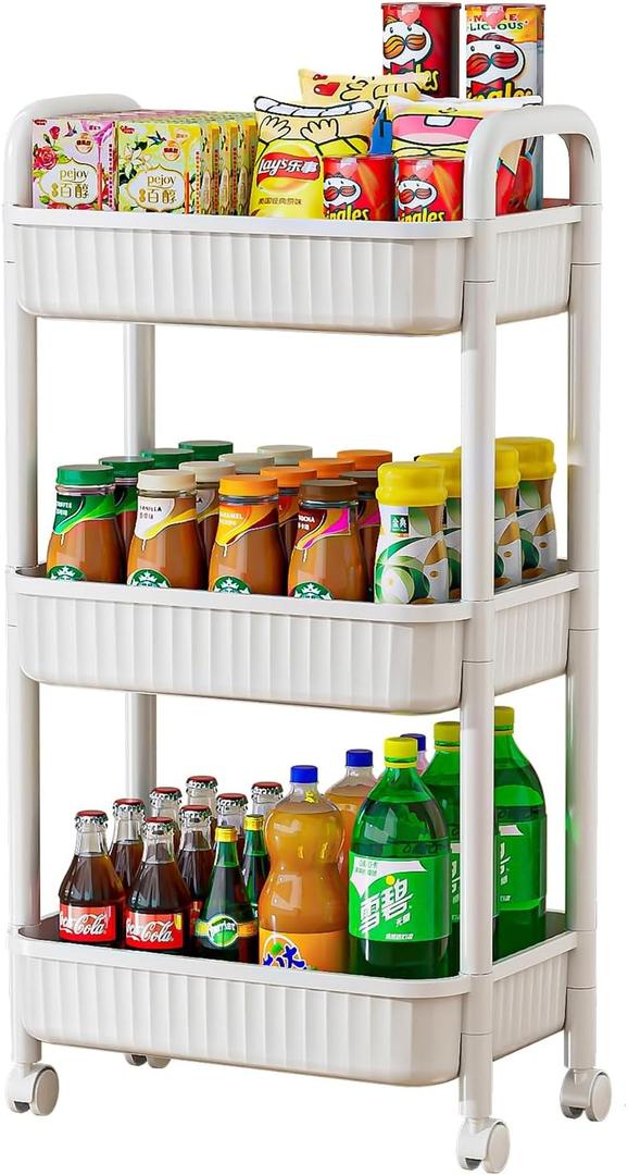 JOYZAN 3 Tier Rolling Carts with Wheels, Utility Cart with Handle and Locking Caster, Storage Cart for Kitchen, Office, Bedroom, Suitable for Diaper, Art Tools, Snack, Craft Storage Cabinet, White