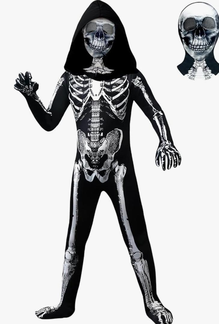 Halloween Skeleton Costume, Hooded Skeleton Jumpsuit Bones with Mask for Boys and Girls Halloween Cosplay Costume Party Adult, M