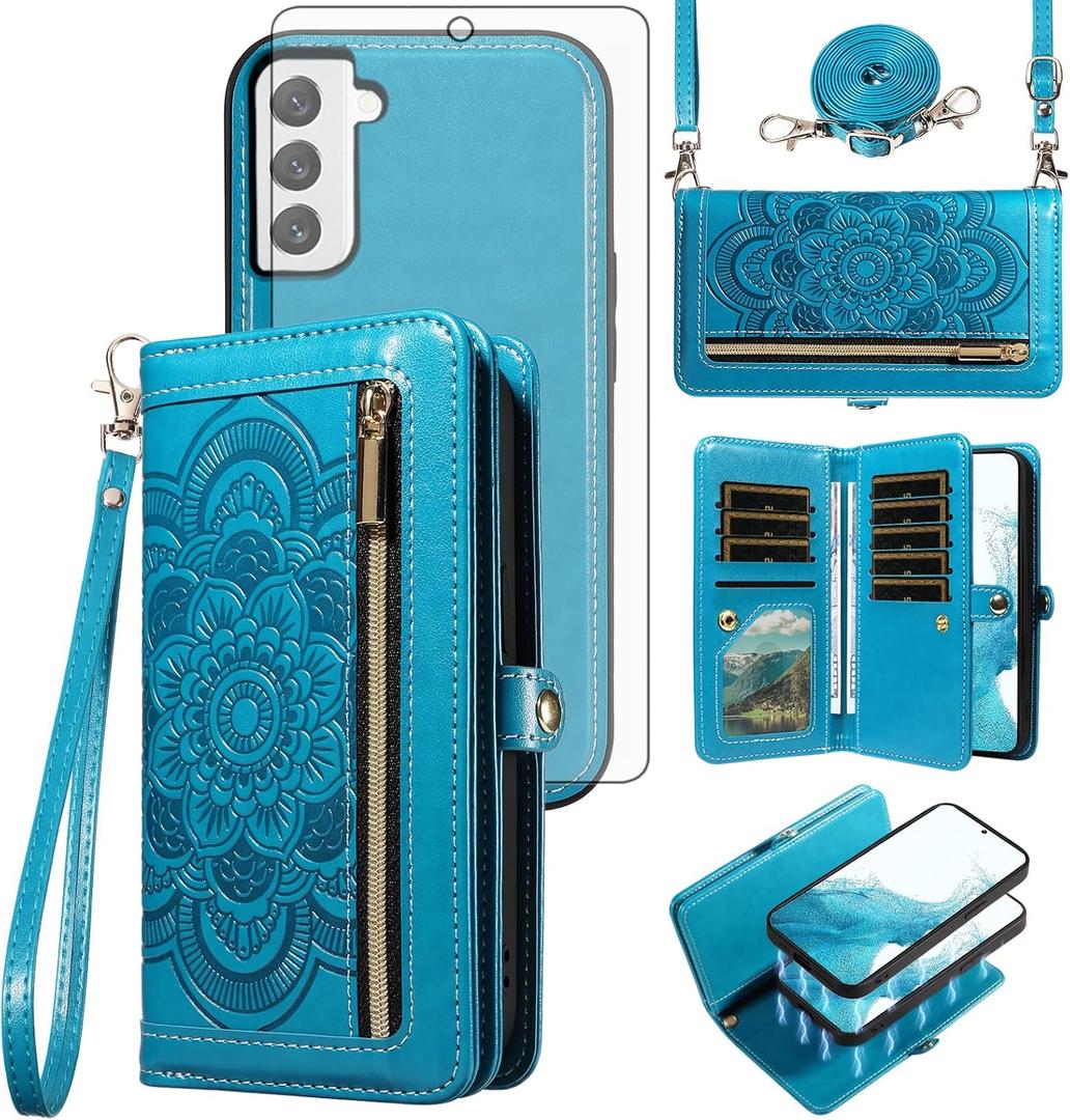 Asuwish Phone Case for Samsung Galaxy S22 5G Zipper Wallet Magnetic Detachable Cell Cover with Tempered Glass Screen Protector Crossbody Strap Flower Card Holder S 22 22S 4G G5 6.1 inch Women Men Blue
