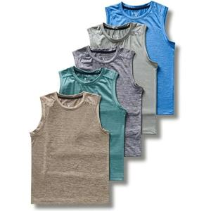 5 Pack: Boys' Athletic Tank Tops Dry Fit Sleeveless Shirts, Youth Kids Performance Workout Clothes, Medium