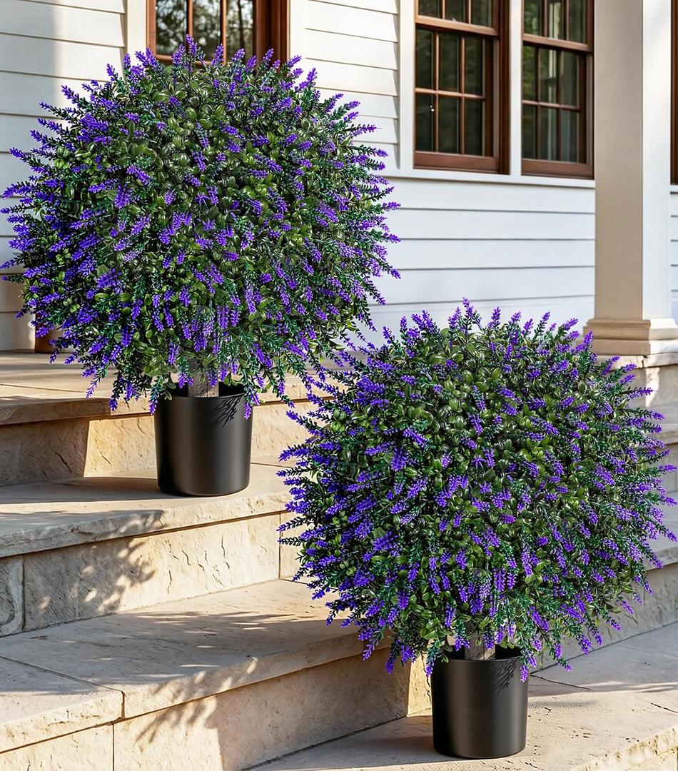 DREAMLOOM Topiary Trees Artificial Outdoor Ball in Planter, 20in Outdoor Indoor Realistic Fake Plants Shrubs for Front Porch Decor, Faux Bushes Plants for Home Front Door Offices, Set of 2