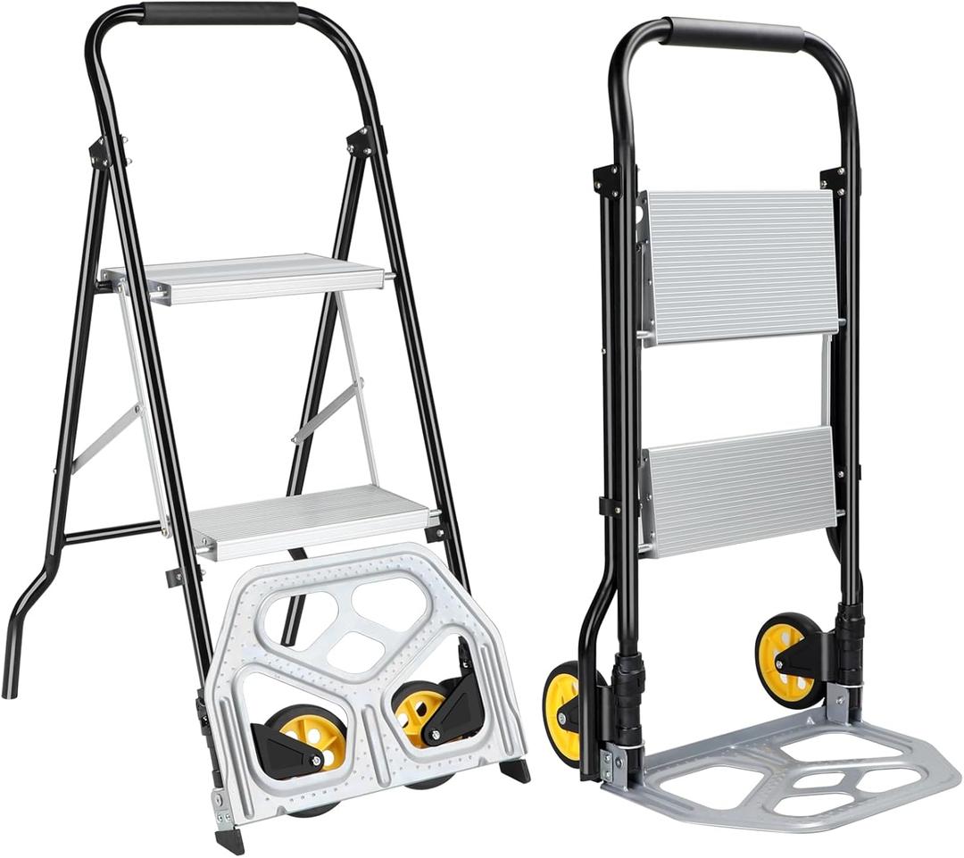 Step Ladder,2 Step Stool with Wide Anti Slip Step, Sturdy Aluminum Step Stool Foldable Can be Unfolded to Make a Hand Truck for Kitchen,Home,Office
