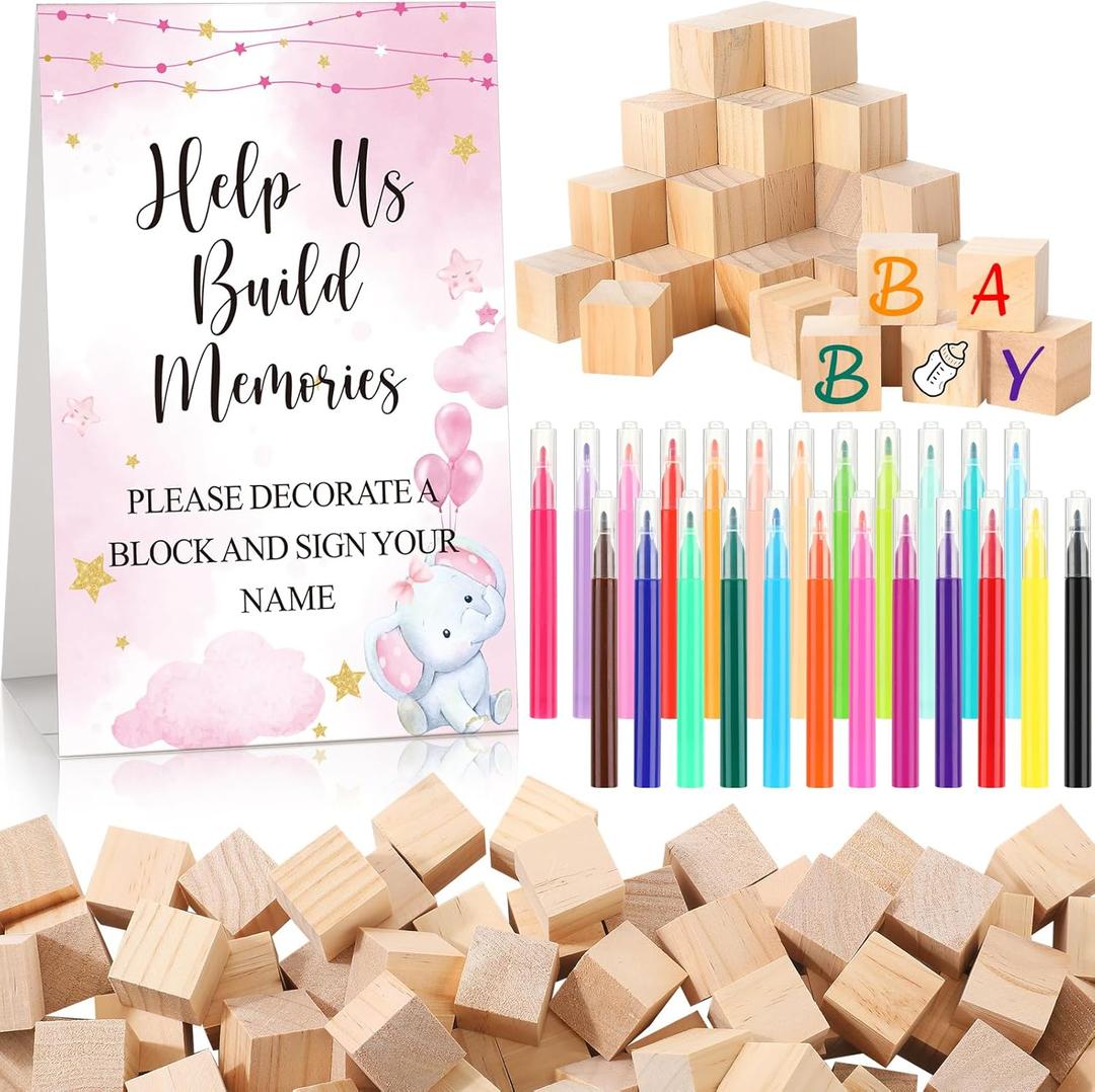 125 Pcs Baby Shower Decorate a Block Game Set Includes Help Us Build Memories Sign 100 DIY Blank Wooden Block 24 Paint Marker Prize for Wedding Baby Shower Game(Pink Elephant)