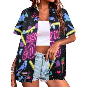 80s 90s Outfits Shirt Women Retro Disco Party Button Up Tshirt Hawaiian Beach Short Sleeve Blouse Top (X-Large)