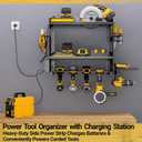 YYR Power Tool Organizer Wall Mount with Charging Station, Cordless Tools Hanger and Battery Storage Rack for Garage Organization, Heavy Duty Drill Holder Shelf Build in Metal Power Strip - Black, 8.1"D x 16.8"W x 16"H