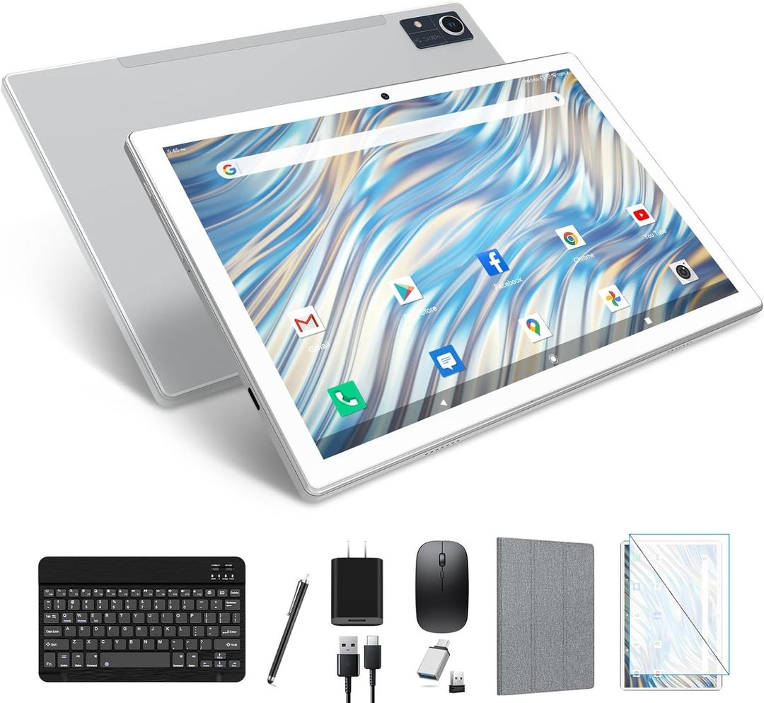 Latest Android 13 Tablet, Octa-Core Processor+128GB+16(8+8 Expand) GB, 10.1 inch Tablet with 8000mAh Battery, 1280x800 HD Screen, 5G WiFi, 21MP Camera, Tableta with Keyboard, Bluetooth, Mouse, Case (Silver)