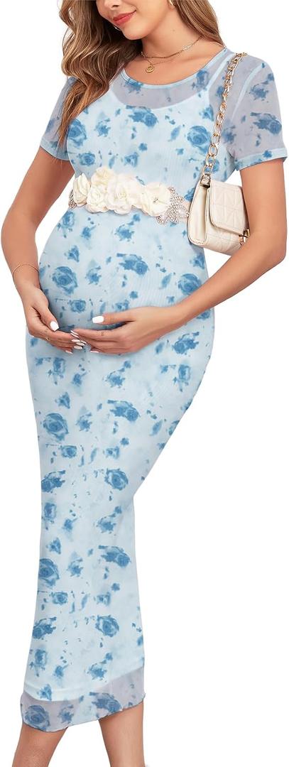 AISWI Maternity Mesh Dress Ruched Side Round Neck Pregnancy Dresses Baby Shower Wedding Guest Cocktail Party (XL)