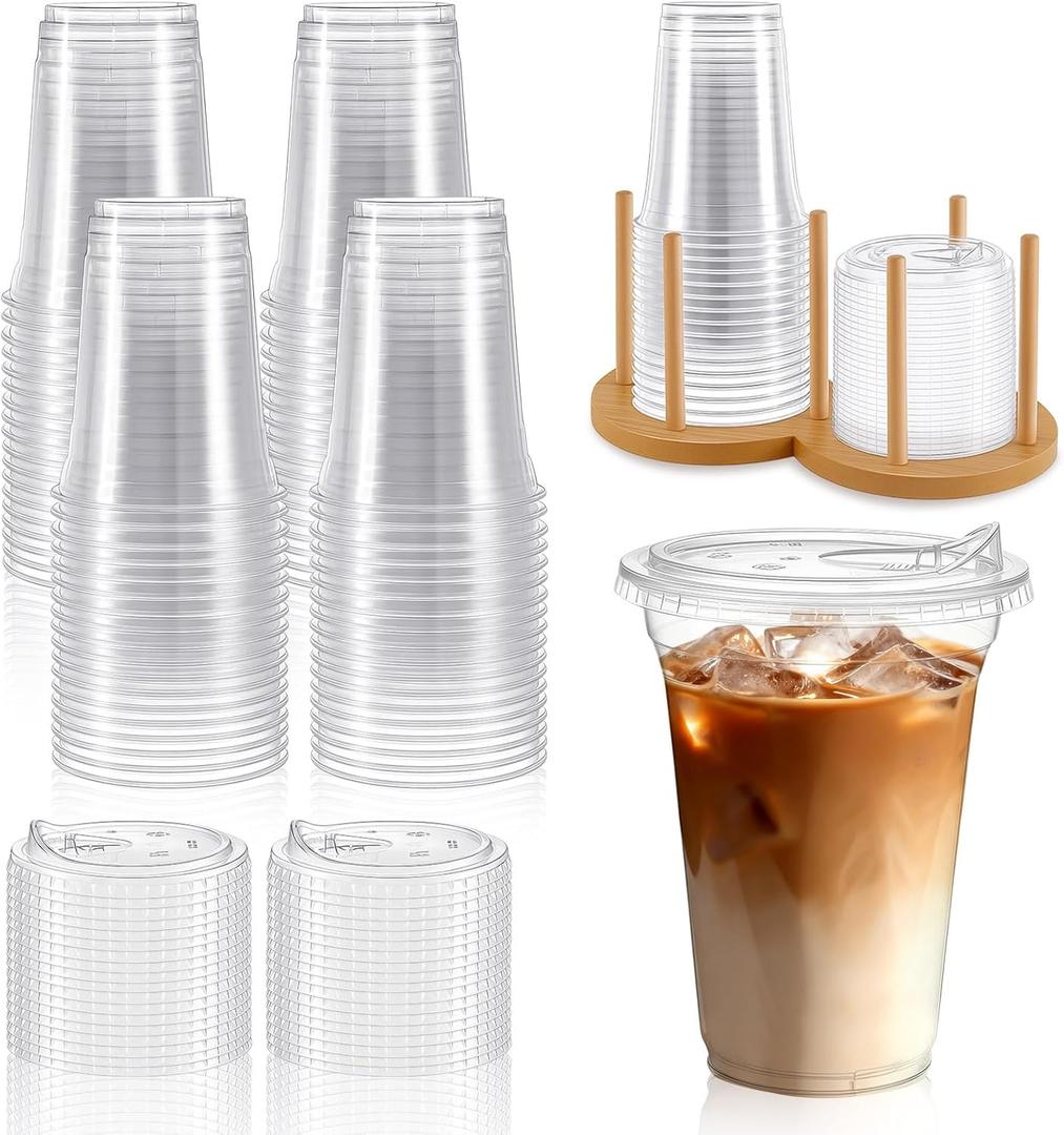 Roshtia 100 Pack 16 oz Clear Plastic Cups with Sip-lids and Bamboo Storage Holder, Disposable Plastic Smoothie Iced Coffee Cups for Cold Drinks Milkshake Bubble Tea Party Drinks