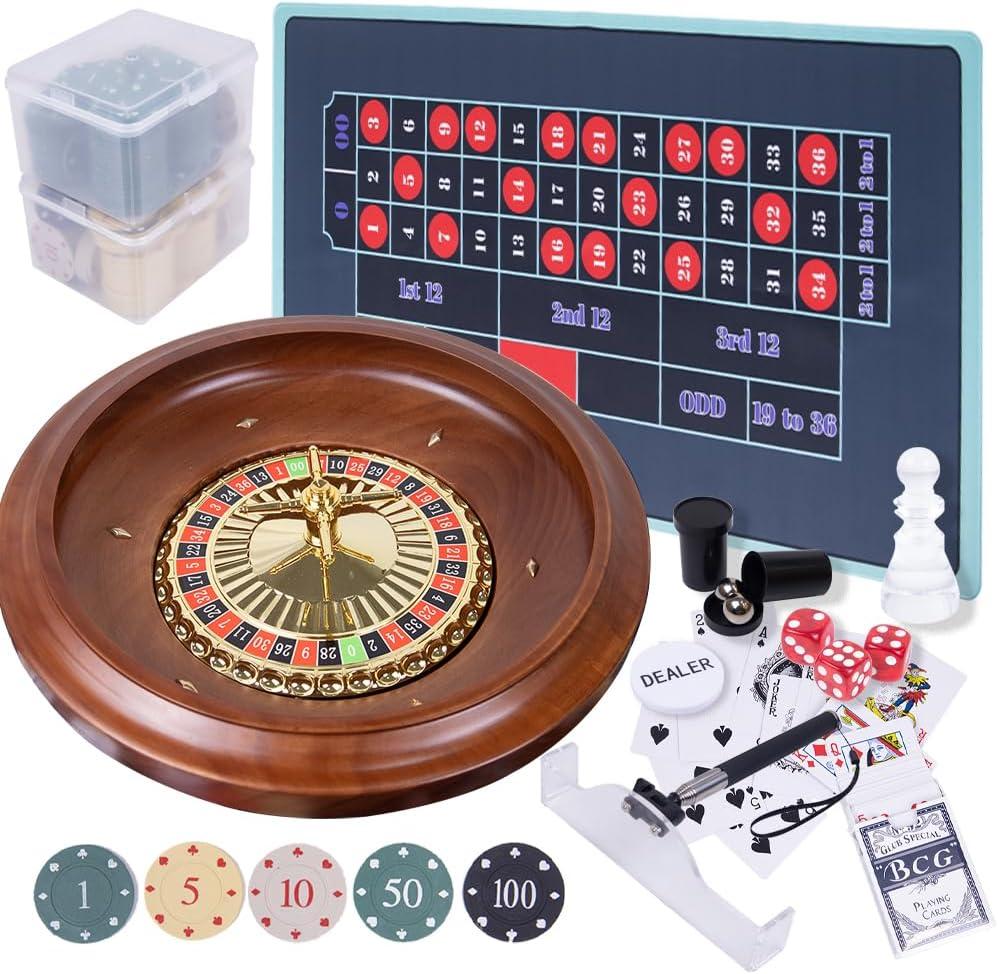 Extguds Roulette Wheel Game Set with Large Felt, 16 Inch Roulette Wheel, Retractable Chip Rake 200 Chips, Roulette Marker, 2 Decks of Cards, 3 Dices, Canvas Bag, Commonly Used Games at Parties