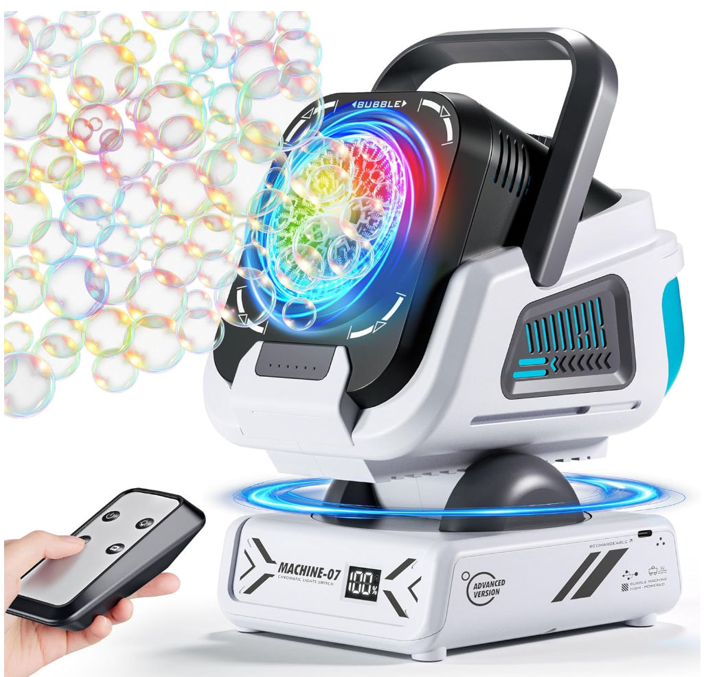 Belemar Upgraded Bubble Machine with Remote Control, Automatic Rotation & RGB Lights, 1800mAh Rechargeable Battery, Type-C Charge, Bubble Maker for Kids, Weddings, Birthday Parties, Outdoor Activities