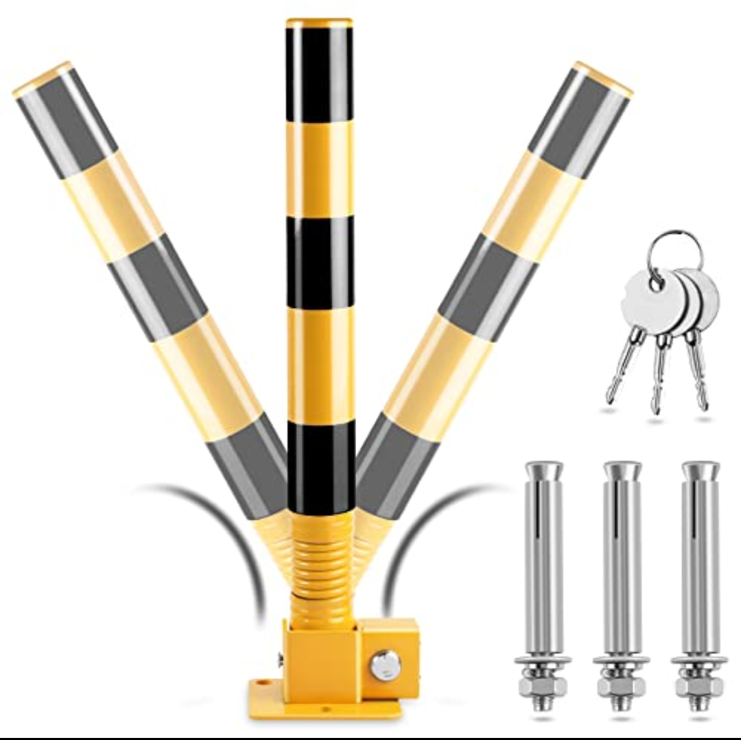 SUNKONG Spring Folding Parking Post, Parking Barrier Parking Lock Heavy Metal Parking Obstacle Pile with Warning Stripes, Parking Piles,Driveway Parking Interceptor Bollard