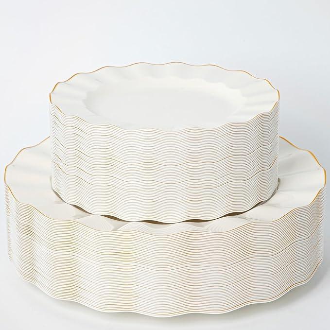 HIGH END 100 Pcs Ivory Wave Plastic Plates with Gold Trim, Fancy Disposable Plate Sets Include 50 Dinner & 50 Dessert Plastic Plates, Elegant Disposable Plate Set For Party, Thanksgiving (30 Guests)