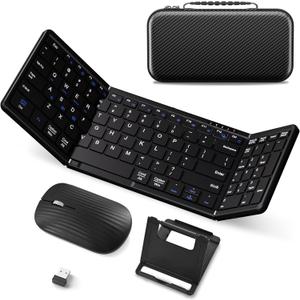 Portable Foldable Keyboard and Mouse Combo,Dual Mode Bluetooth2+2.4G Wireless,Rechargeable Silent Full-Layout Travel Kit for iPad,Tablet,Laptop,Home & Office Black