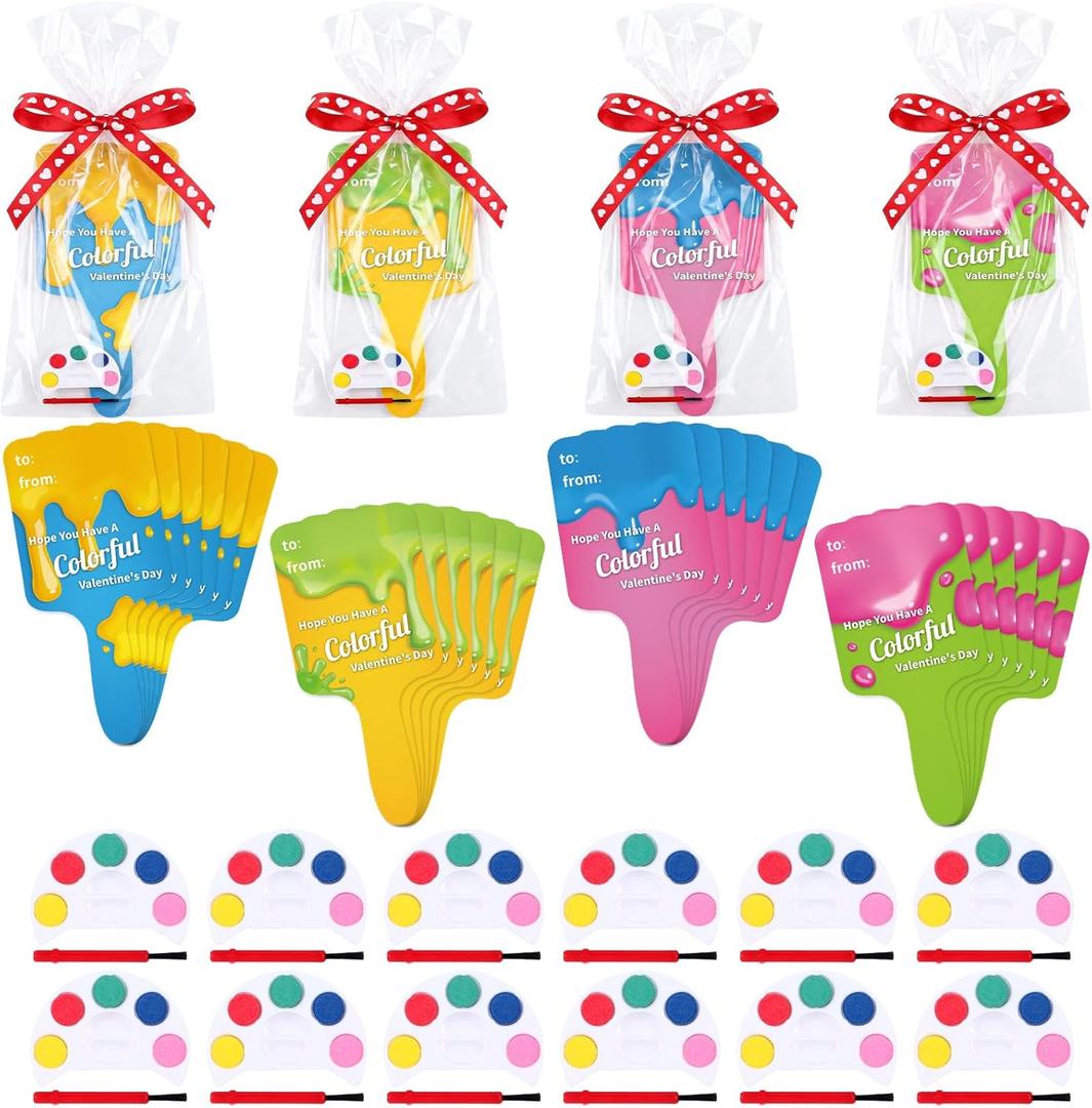 24 Pack Valentines Day Cards with Watercolor Paint Set, Classroom Exchange Valentines for Kids, Non Candy Party Favors, Bulk School Valentines Gifts Ready to Hand Out(Cute)