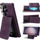 MONASAY Magwallet Case Fit for Samsung Galaxy S24 Ultra [Wireless Charging] [Lens & Glass Screen Protector Included] Flip Folio Magnetic Leather Phone Cover with Detachable Card Holder, Dark Purple